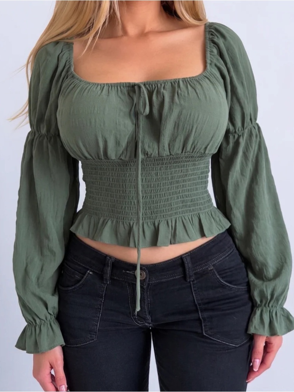 Guess Nadine Olive Green Boho Blouse Smocked Crop Top - Size XS